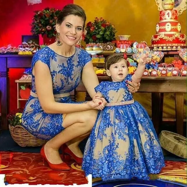 Royal Blue Long Baby Girls Dresses Big Bow Flower Girl Mother Daughter Dress First Birthday |