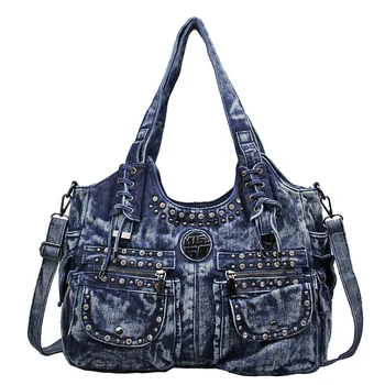 

Denim women's rivet tote handbag ladies shoulder crossbody bag female bolso mujer bolsa feminina cowboy package pouch for girls