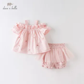

DBM14105 dave bella summer baby girls fashion bow floral plaid mesh clothing sets kids cute sets children 2 pcs suit