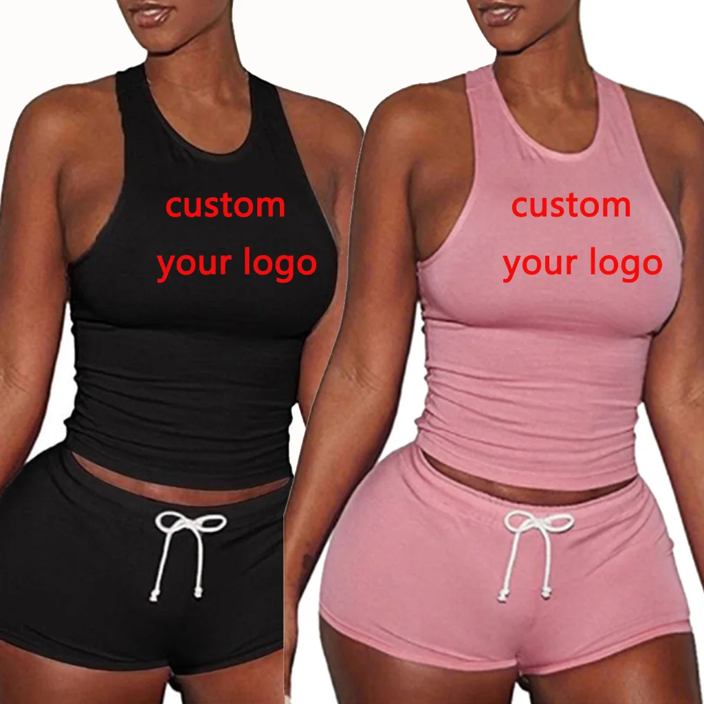 Custom Your Logo Summer Women Sexy Sleeveless Vest Top + Shorts 2 Piece Set Sports Jogging Woman Tracksuit Outfits Plus Size XL summer sleeveless knitted sweater shorts two piece set sports casual shorts suit tracksuit men knitted short sleeve suit