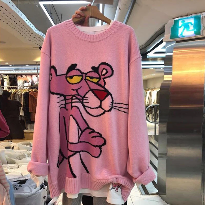 Women Sweater 2020 New Autumn Lazy Wind Cartoon Pink Leopard Long Sleeve Sweater Women Loose O-Neck Pullover Sweater