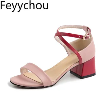 

Women Sandals Beach Shoes Med Heel Pu Peep Toe Ankle Strap Buckle Mixed-colors 2020 Summer Sweet Fashion Casual Office Beige