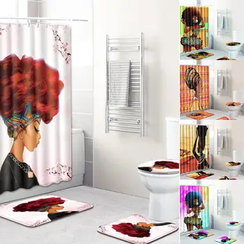 

4Pcs/Set Sexy Skirt Girl Bathroom Curtain Waterproof Fabric Curls African Women Shower CurtainToilet Pad Cover Bath Mat
