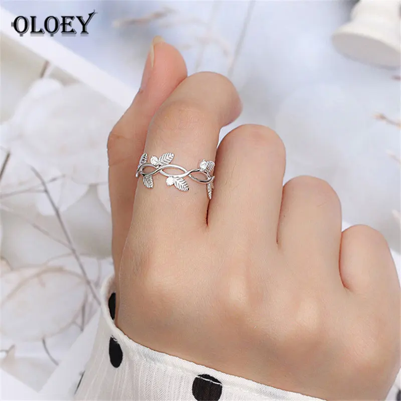 OLOEY, Настоящее 925 пробы, серебряные Открытые Кольца для женщин, геометрические листья, циркониевое кольцо, изящные вечерние ювелирные изделия, рождественские подарки YMR968
