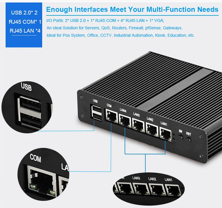 Четырехъядерный процессор Intel Celeron J1900 4 RJ45 Gigabit Lan NUC крошечный ТВ-бокс бесшумный Мини безвентиляторный встроенный Настольный ПК J1800 22nm Linux wind7