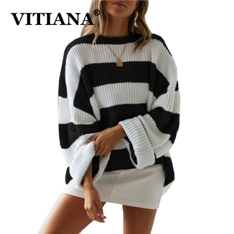 

VITIANA Women Casual Knit Sweater Autumn Winter 2019 Female Long Sleeve Striped Knitted Pullover Loose Sweaters Ladies Soft Tops