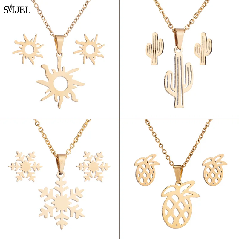 Edelstahl Pflanzen Schmuck Sets Für Frauen Böhmischen Sonne Kaktus Ananas Blume Ananas Halskette Ohrringe Zubehör 2021