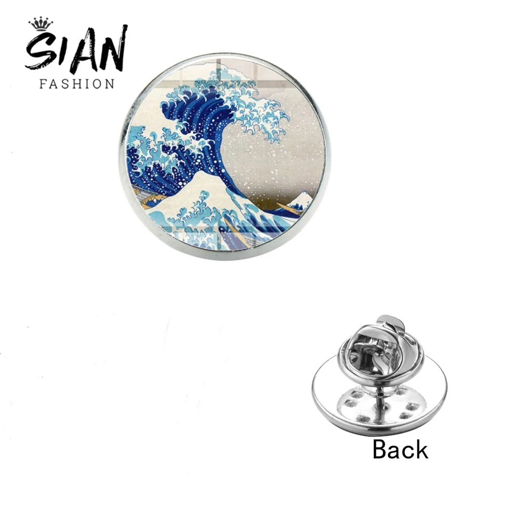 

SIAN The Great Wave Stainless Steel Brooch Big Blue Waves At Kanagawa Art Photo Glass Round Backpack Pins Badge Sea Surfer Gift