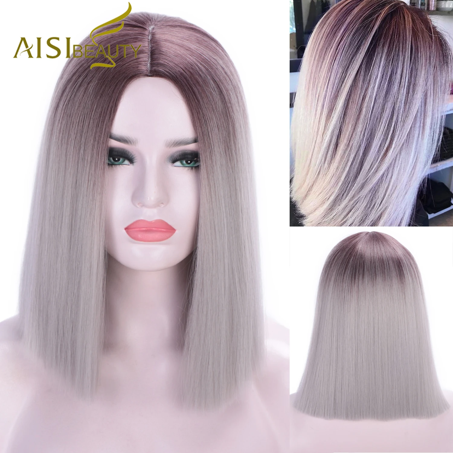 AISI BEAUTY фиолетовый синтетический короткий прямой парик для женщин Омбре блонд боб парики розовый/желтый/черный средняя часть косплей парики