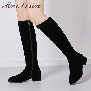 

Meotina Women Boots Winter Knee High Boots Flock Chunky Heels Long Boots Zipper Round Toe Shoes Lady Autumn Black Big Size 33-43