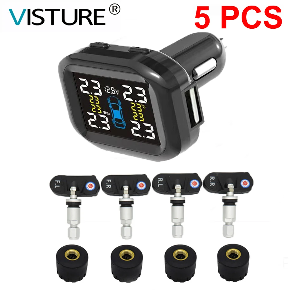 

5pcs/ lot Visture TPMS With 10W USB Output Car Tire Pressure Alarm System Tyre Monitoring External Internal Sensor T07W T07N