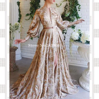 

Elegant Round Neck A-Line Evening Dress Slit Floor-Length Prom Dress Long Sleeves Robe De Soiree Aibye Sash Plus Size 2020 Dubai