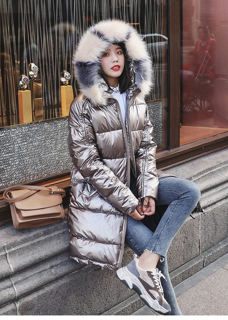 FICUSRONG Fashion Medium Long Glossy Down Parka Womens Winter Jackets Coats Warm Thicken Shining Babric Stylish Fur Ladies Coats