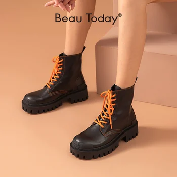 

BeauToday Ankle Boots Women Calfskin Leather Contrast Color Lace-Up Round Toe Autumn Fashion Lady Platform Shoes Handmade 03482