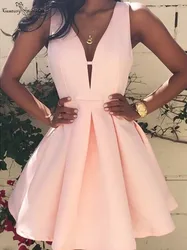 Blush Pink Short Homecoming Dresses 2021 Deep V-Neck Backless Above Knee Satin Mini Simple Prom Party Gowns Cocktail Dress Cheap