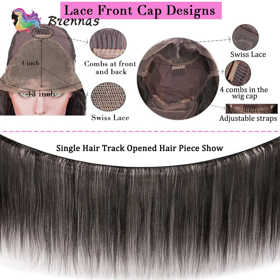 Buy Brennas Lace front human hair wigs Brazilian Remy hair Straight lace wig with bangs Glueless natural black color women 8   26