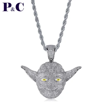 

P&C Master Yoda Pendant Necklace Fashion Cubic Zircon Iced Out Chain Hip Hop Jewelry Statement Necklaces free rope chain