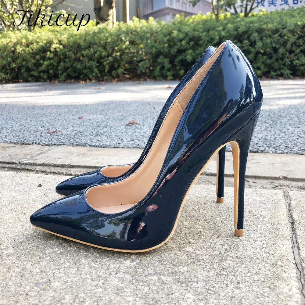 Tikicup Women Navy Blue Patent Pumps Low Cut Pointy Toe Stilettos
