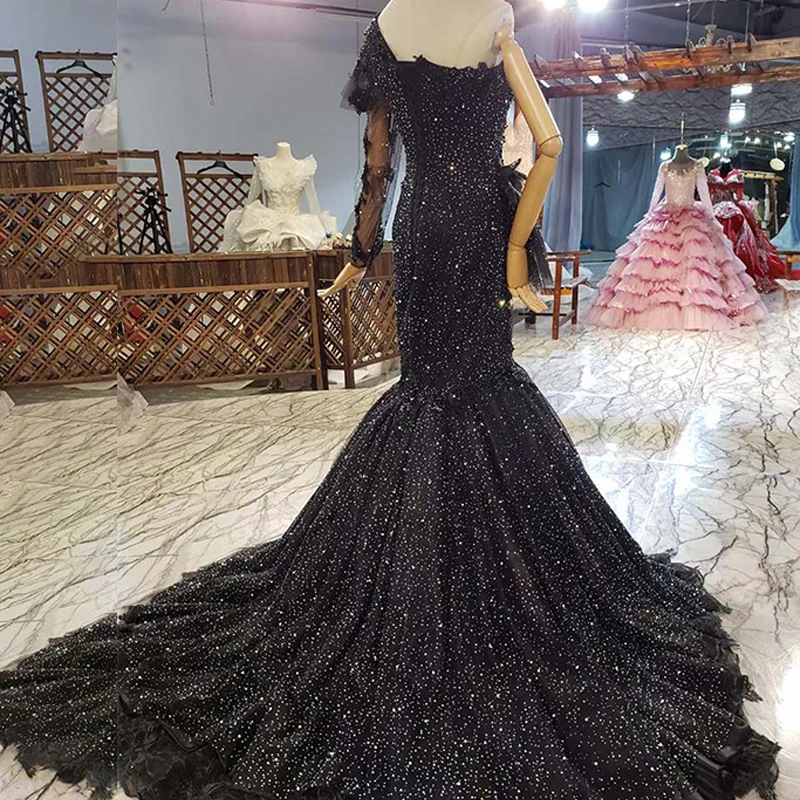 HTL1849 Black Elegant Beautiful Mermaid Evening Dress 2020 Crystal Beading Pearls Appliques Long Sleeve One-Shoulder 2