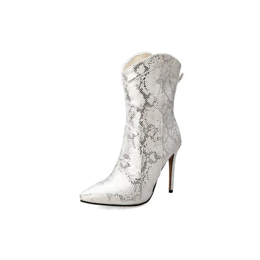 ESVEVA New Autumn Winter PU Leather Snakeskin Thin High Heel Mid Calf Boots Sexy Pointed Toe Slip on Women Shoes Size 34-43
