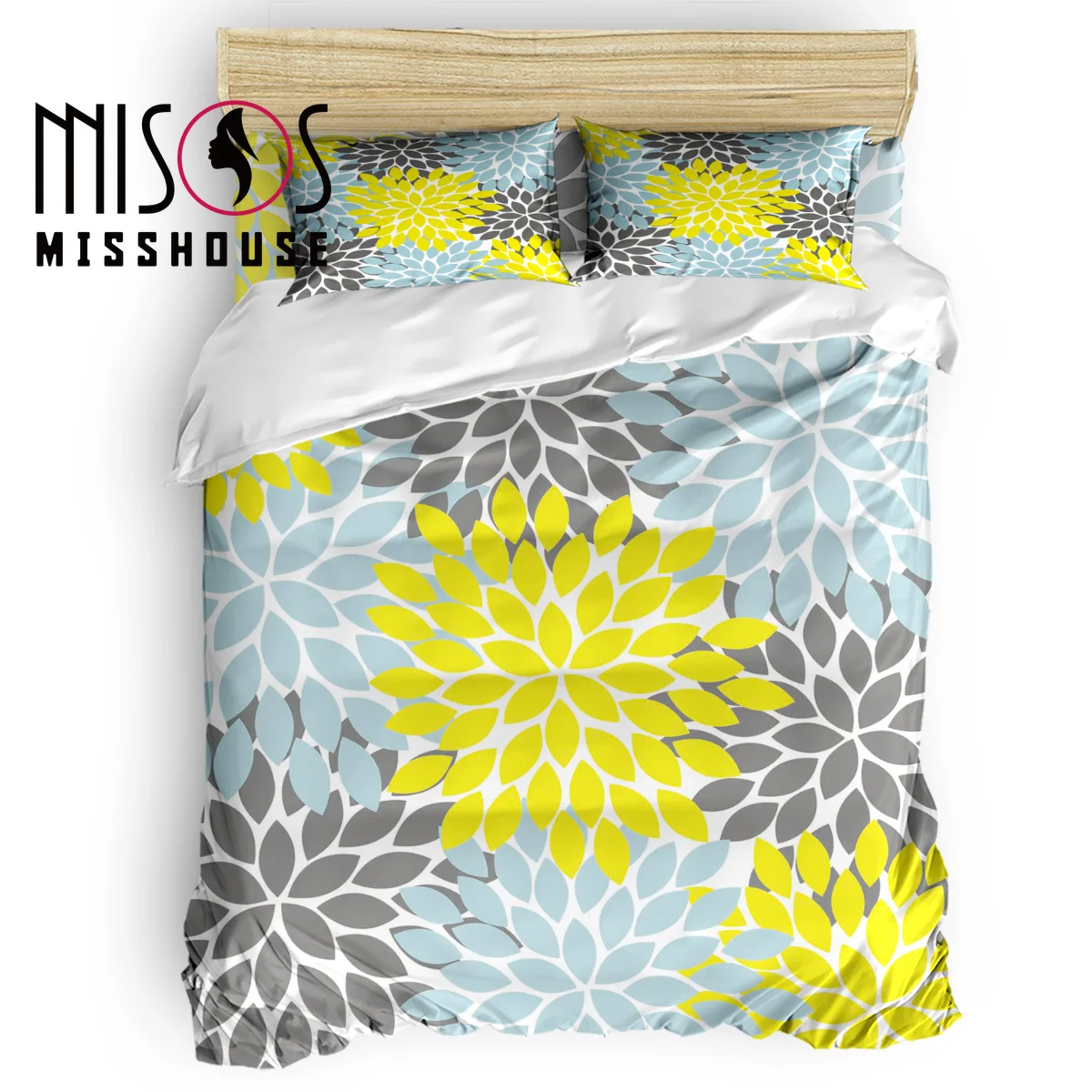 Misshouse 4pcs Bedding Sets Grey Dahlia Duvet Cover Set Home