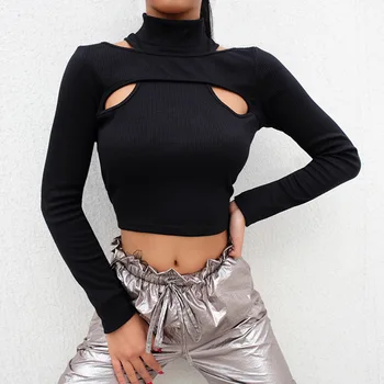 

Black Knitted Tops Turtleneck T-shirt Women Streetwear Hollow Fashion Gothic Tshirt Long Sleeve Spring 2020 Goth Girl Tops