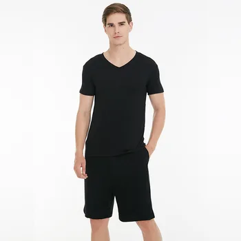 

Summer Men Pajamas Modal V-neck Short-Sleeved Shorts Casual Home Suit Solid Color Leisure Tops