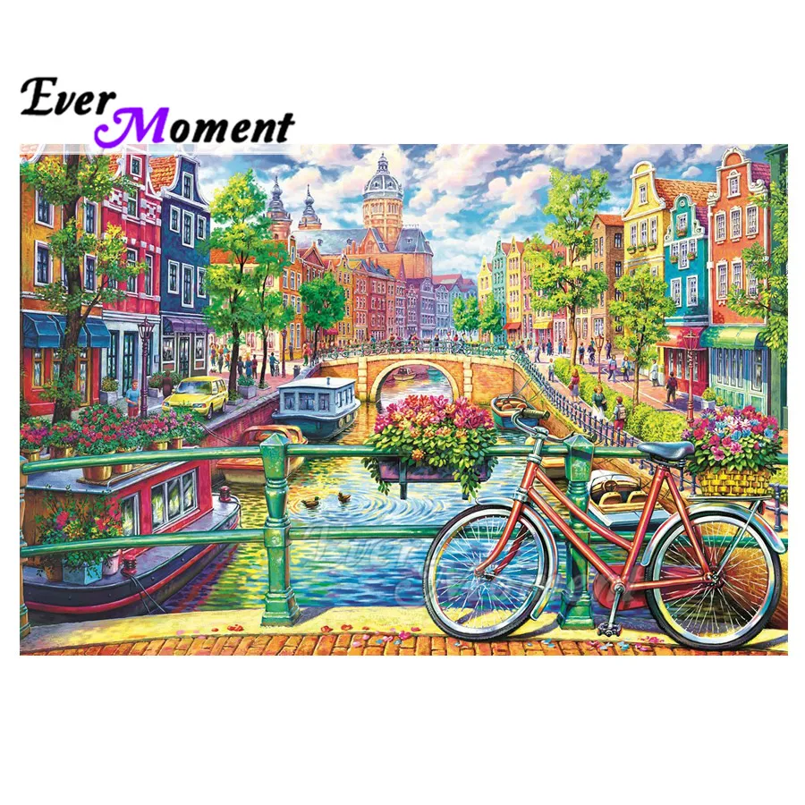 Ever Moment Diamond Painting Cross Stitch Building River Bike Bridge Full Square Drill Mosaic 5D DIY Diamond Embroidery 3F2139