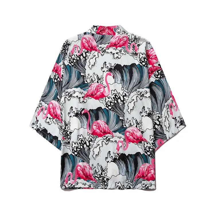 

Spring And Summer New Style Japanese Streetwear Ukiyo-e Robe Crane printing kimono cardigan Three-quarter Sleeve Loose Shirt