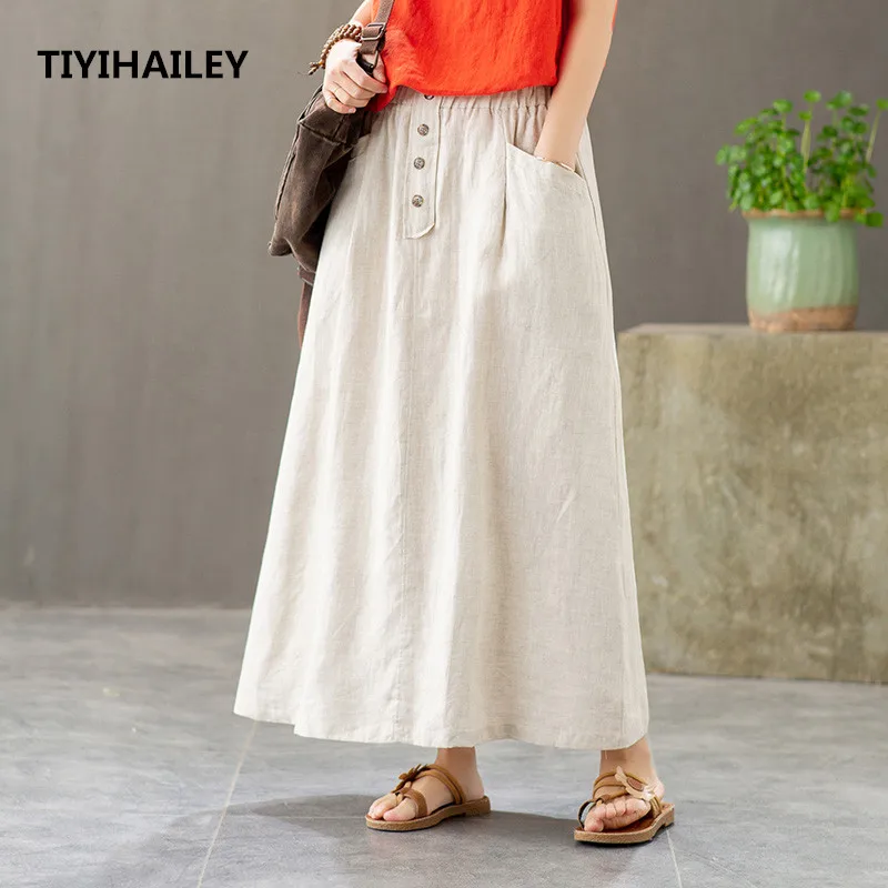 TIYIHAILEY Free Shipping Fashion Long Maxi Skirts Women Elastic Waist Spring And Summer Linen Skirts With Pockets A-line Black 1429 spring summer denim overalls for women big pockets loose long jeans jumpsuits sleeveless spaghetti strap denim jumpsuits