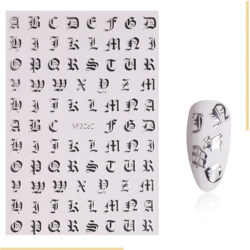 FlorVida ABC буквы алфавита наклейки s для украшения ногтей 3D наклейки для дизайна ногтей английская старомодная наклейка клей для маникюра - Цвет: Silver