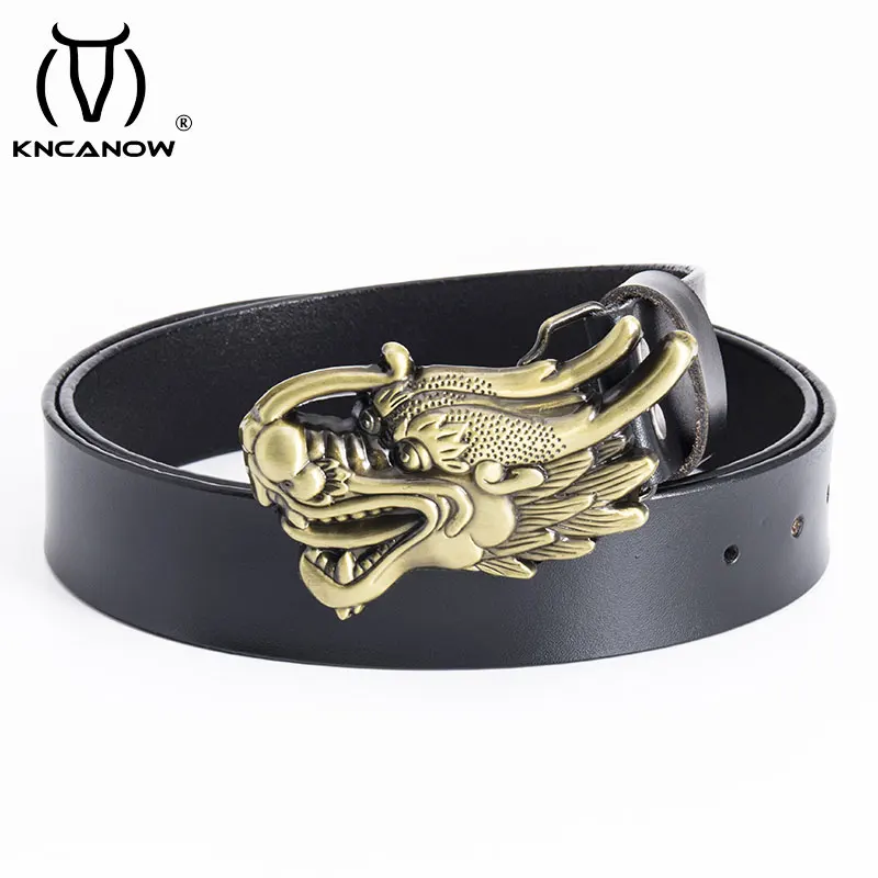 

New Fashion Zinc Alloy China Dragon Head Strap Buckle Cowboy Gift 4cm Width Snap On Men Belt Cowskin Leather Cowhide For Jeans