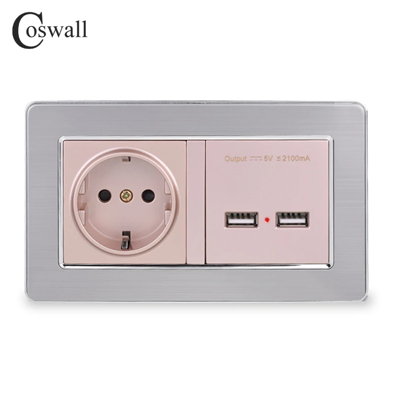 COSWALL настенная розетка, стандарт ЕС, розетка с двумя USB, умный индукционный порт зарядки для мобильных 5 в 2,1 А, панель из нержавеющей стали