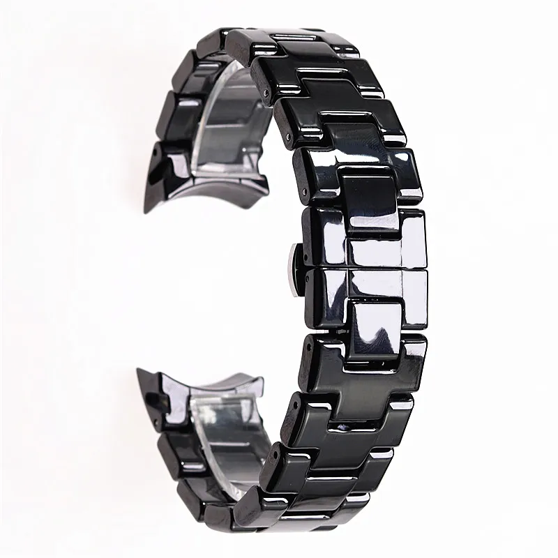 Ceramic Watch Strap Band Bracelet with Butterfly Clasp - Black/White, 18mm/22mm