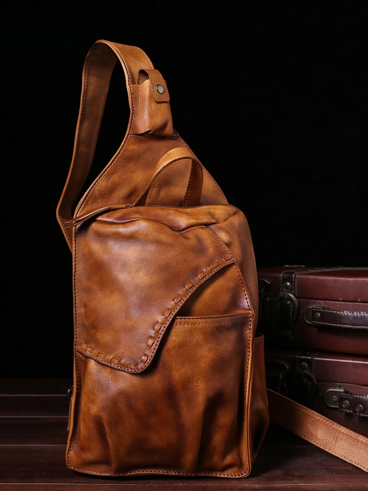 Denny&Dora Mens Retro Brown Cow Leather Bag - Casual Shoulder Bag, Military Style Messenger Handbag