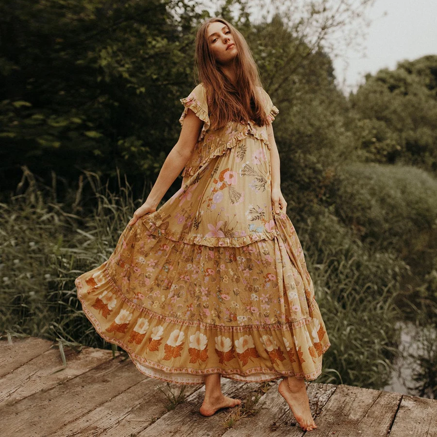 

Yellow Boho women wild bloom 2019 Autumn rayon yellow floral print Gypsy Dresses loose a-line ruffles vestido party beach wear