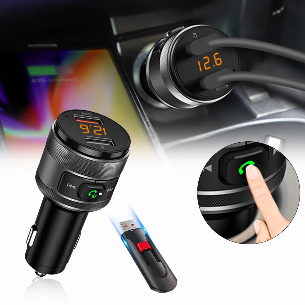 

QC3.0 Wireless Bluetooth FM Radio Adapter Music Player FM Transmitter Car Kit with Hands-free Calling Support USB Drive Charger