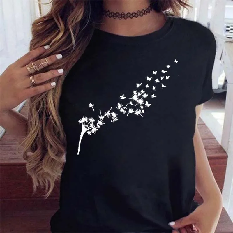 Maycaur, camiseta con estampado de diente de león de dibujos animados para mujer, ropa estampada de manga corta para mujer, camisetas para mujer, camisetas para mujer