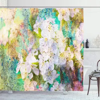 

Shower Curtain for Bathroom 72x72 Spotted Rough Spring Material White Flowers Textured Messy Watercolor Splashes Nature Green