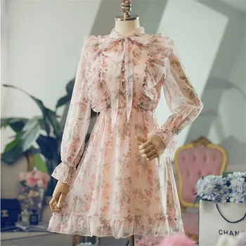 

Floral Print Bow Sweet Ruffle Chiffon Dress Women Casual Lace Up Elegant Mini Dress Buttons Elegant Summer Party Dress 2020 A740