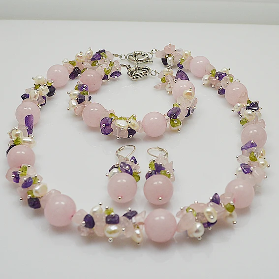 Special Pearl Jewelry set Handmade White freshwater pearl Pink Rose Quartz amethyst Olivene mixes necklace bracelet earrings