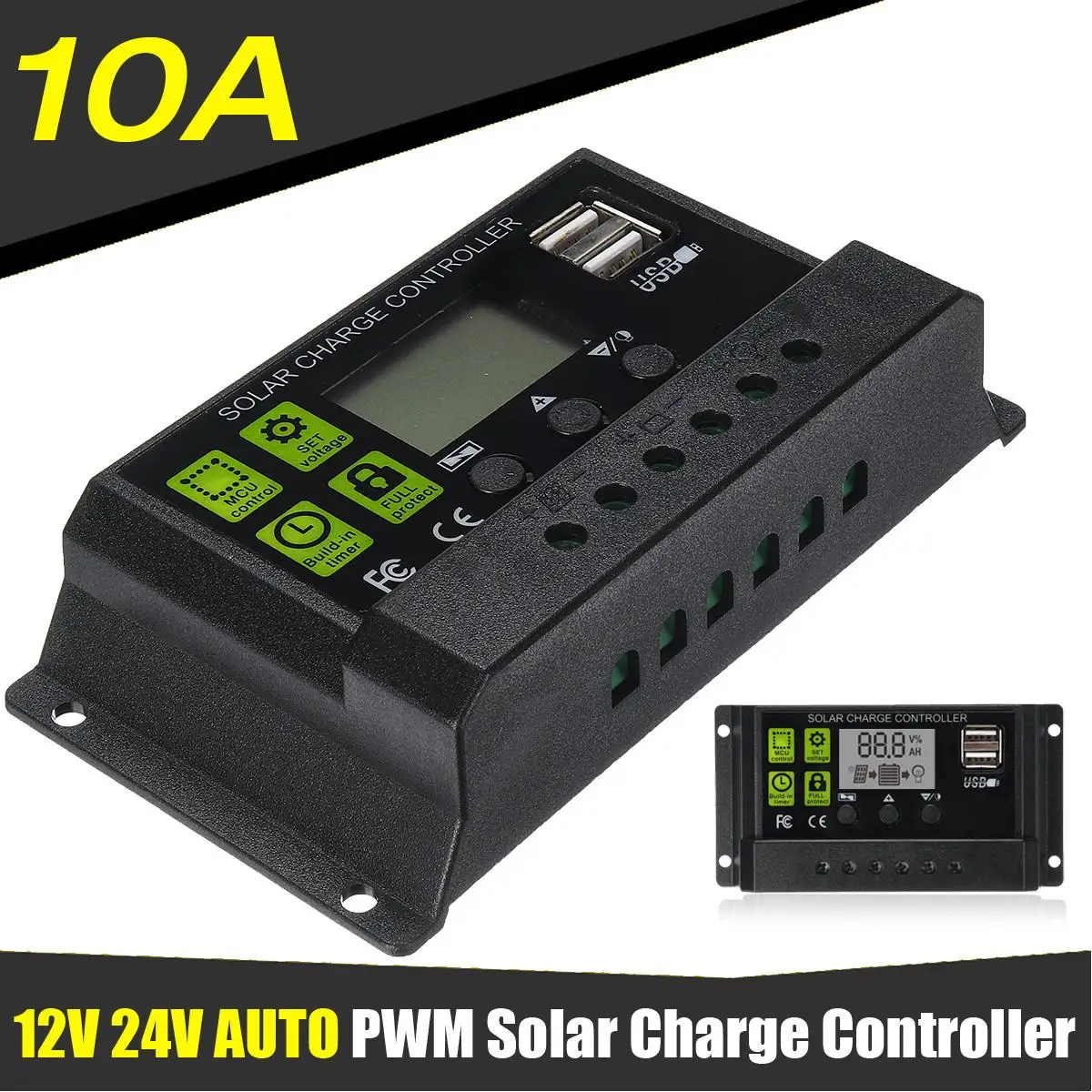 

10A 12V/24V AUTO Solar Charge Controller LCD Display PWM USB 5V Output Solar Panel Regulator Charge Controller & Timer