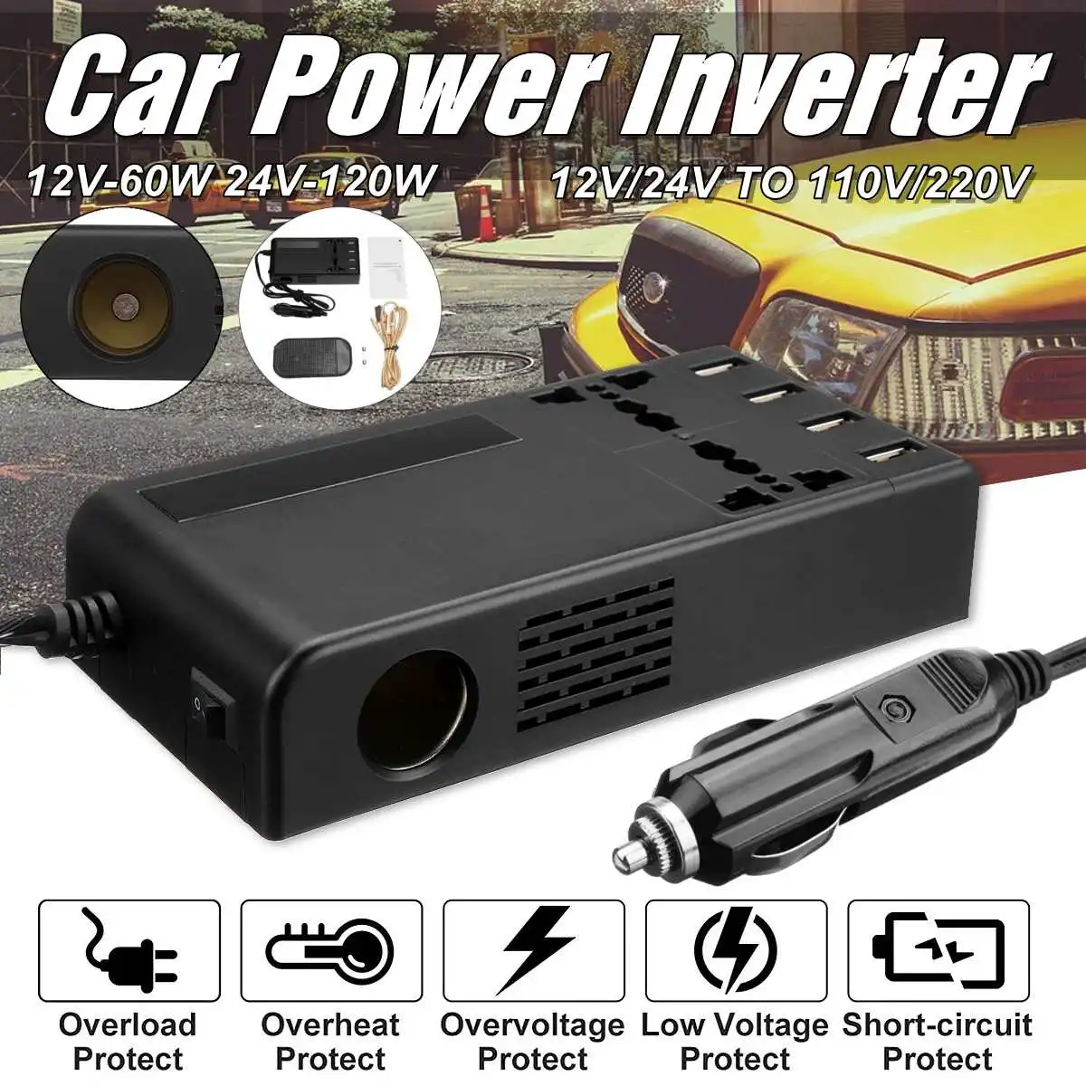 Многофункциональный автомобильный инвертор 12 В/24 В к AC110V/220 В 60 Вт/120 Вт преобразователь питания зарядное устройство автомобильный прикуриватель дисплей Напряжение