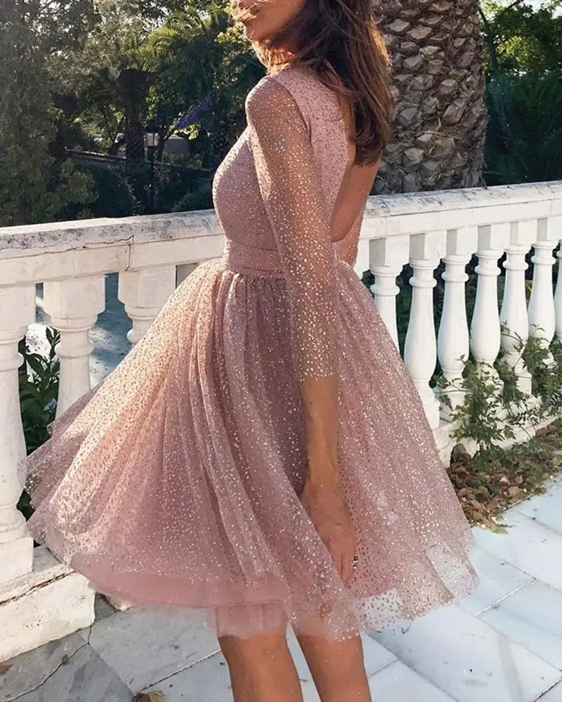 Женское блестящее Сетчатое плиссированное платье с блестками, сексуальное женское мини-платье с открытой спиной