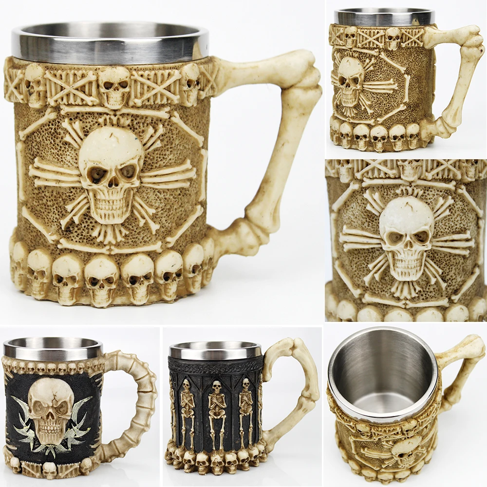 

Coffee Beer Mug Tankard Skeleton Mugs Halloween Friend Gift Skeleton Skull Mug Double wall Stainless Steel Material Gothic