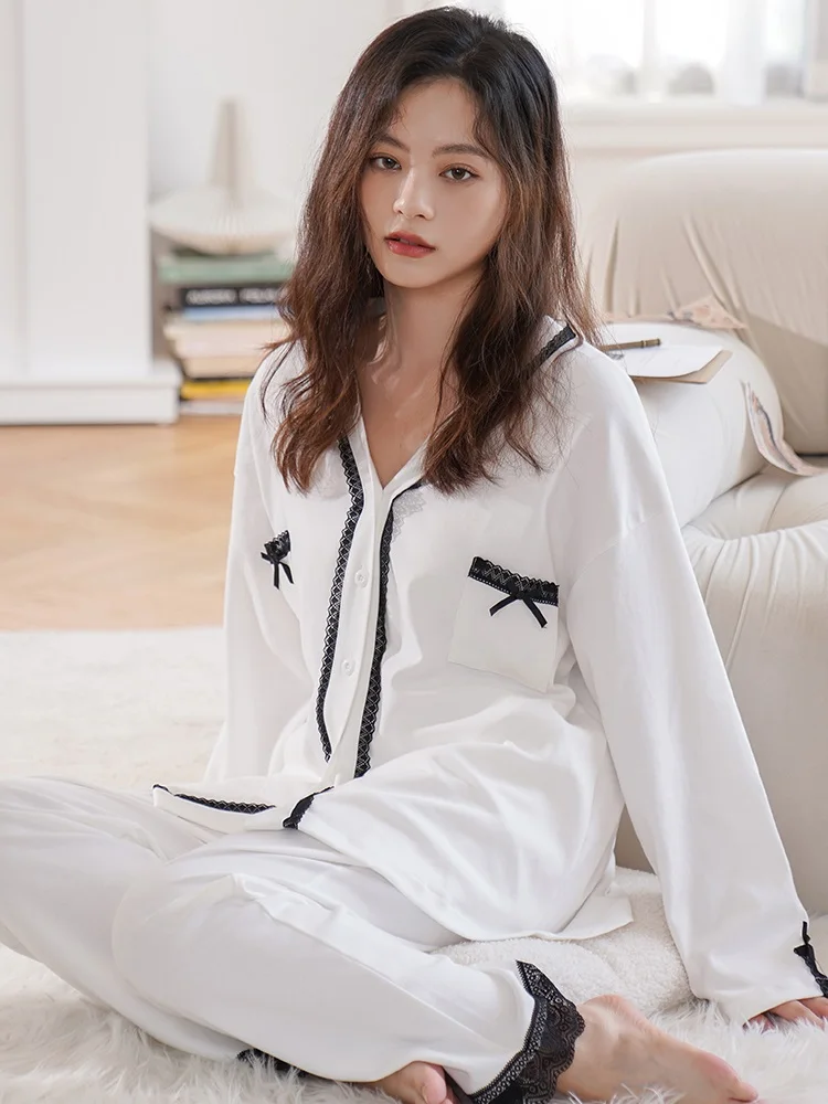 

Зимняя теплая Хлопковая пижама для женщин 2021 милые пижамы с V-образным вырезом Женская домашняя одежда PJ белая хлопковая Пижама кружевная Пижама для женщин