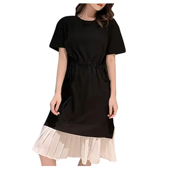 

Women Fashion Summer Lady Elegant O-neck Short Sleeve Fake Two Pieces Dress 2020 Cloth For Summer Dresses