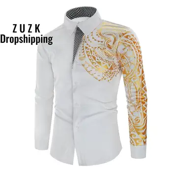 

18 Colors New Men's Fashion Casual Slim Shirt High-grade Hot Stamping Totem Printed Long-sleeved Shirt