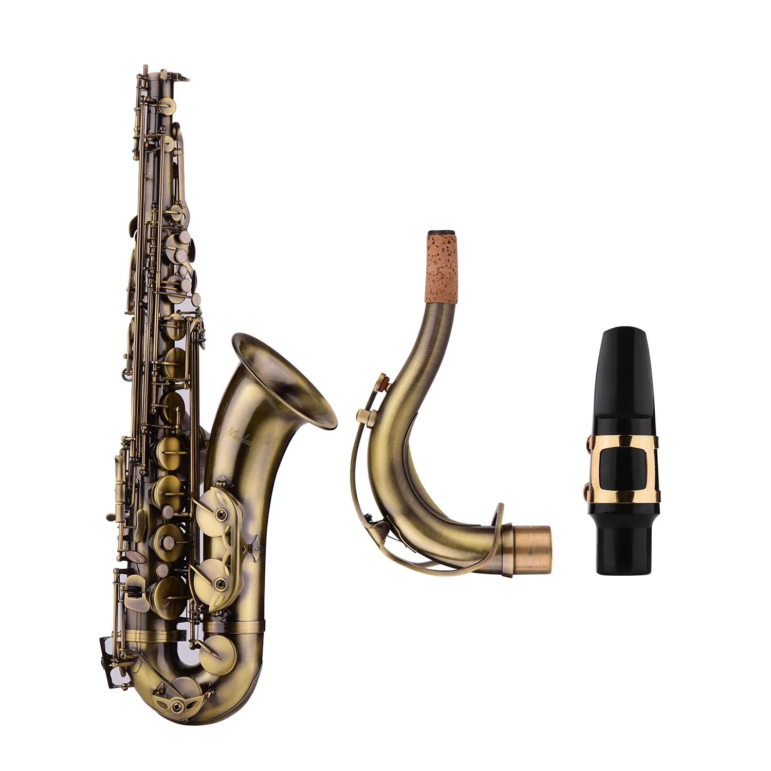 Antique Finish Bb Tenor Saxophone Sax Brass Body White Shell Keys Woodwind Instrument with Carry Case Gloves Sax Neck Straps