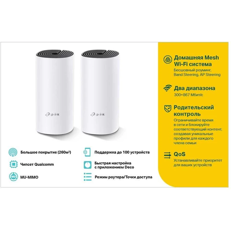 Бесшовный Mesh роутер TP-Link Deco E4(DECO E4(2-PACK) AC1200 10/100BASE-TX белый(упак.:2шт